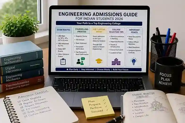 Engineering admissions guide for Indian students 2026 showing exam routes, counselling process, DSE lateral entry and college selection tips