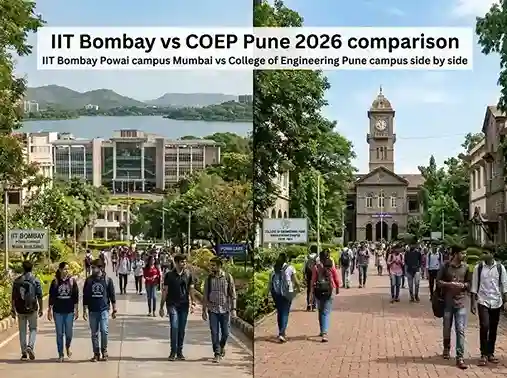 IIT Bombay vs COEP Pune 2026 comparison  |  IIT Bombay Powai campus Mumbai vs College of Engineering Pune campus side by side