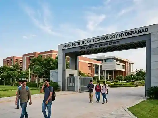 IIT Hyderabad (IITH) campus in Kandi Sangareddy Telangana | aerial view showing modern academic buildings, research labs, hostels and 600-acre green campus