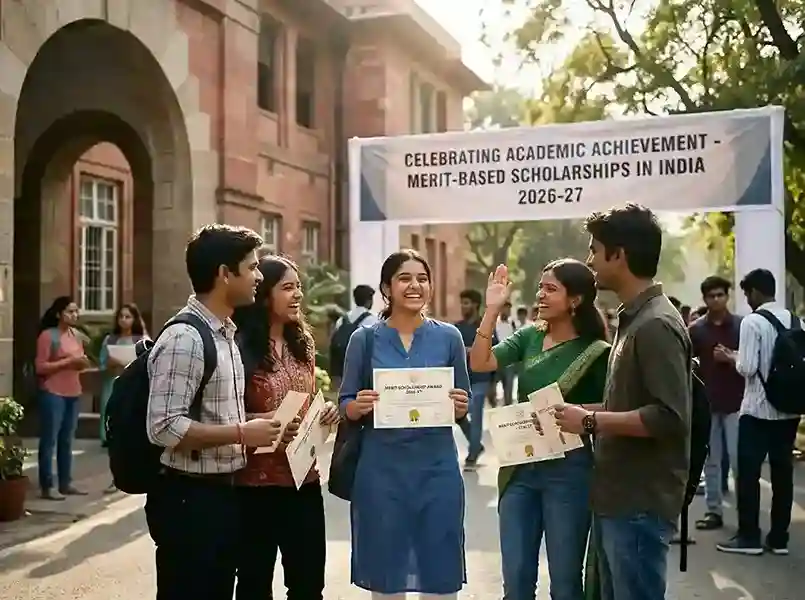 Merit-Based Scholarships in India 2026-27 — students celebrating academic achievement