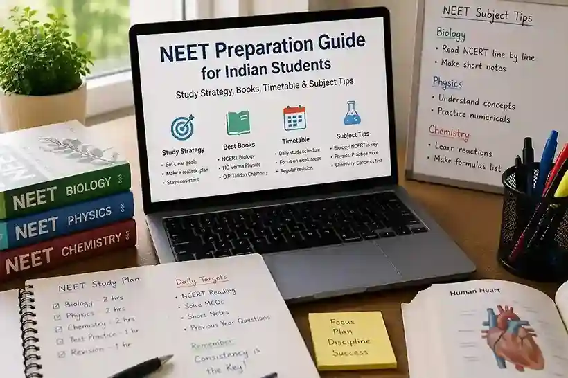 NEET preparation guide for Indian students showing study strategy, books, timetable and subject tips