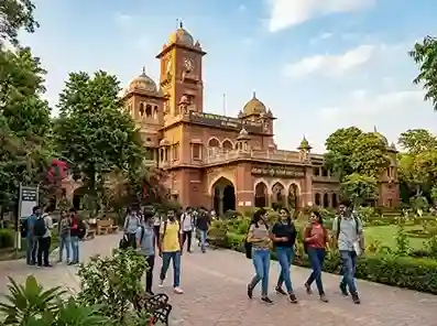 NIT Allahabad (MNNIT Prayagraj) campus aerial view showing main academic buildings, lush green grounds and academic infrastructure