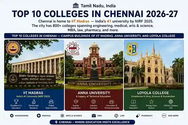 Top 10 Colleges in Chennai  |  campus buildings of IIT Madras, Anna University, and Loyola College